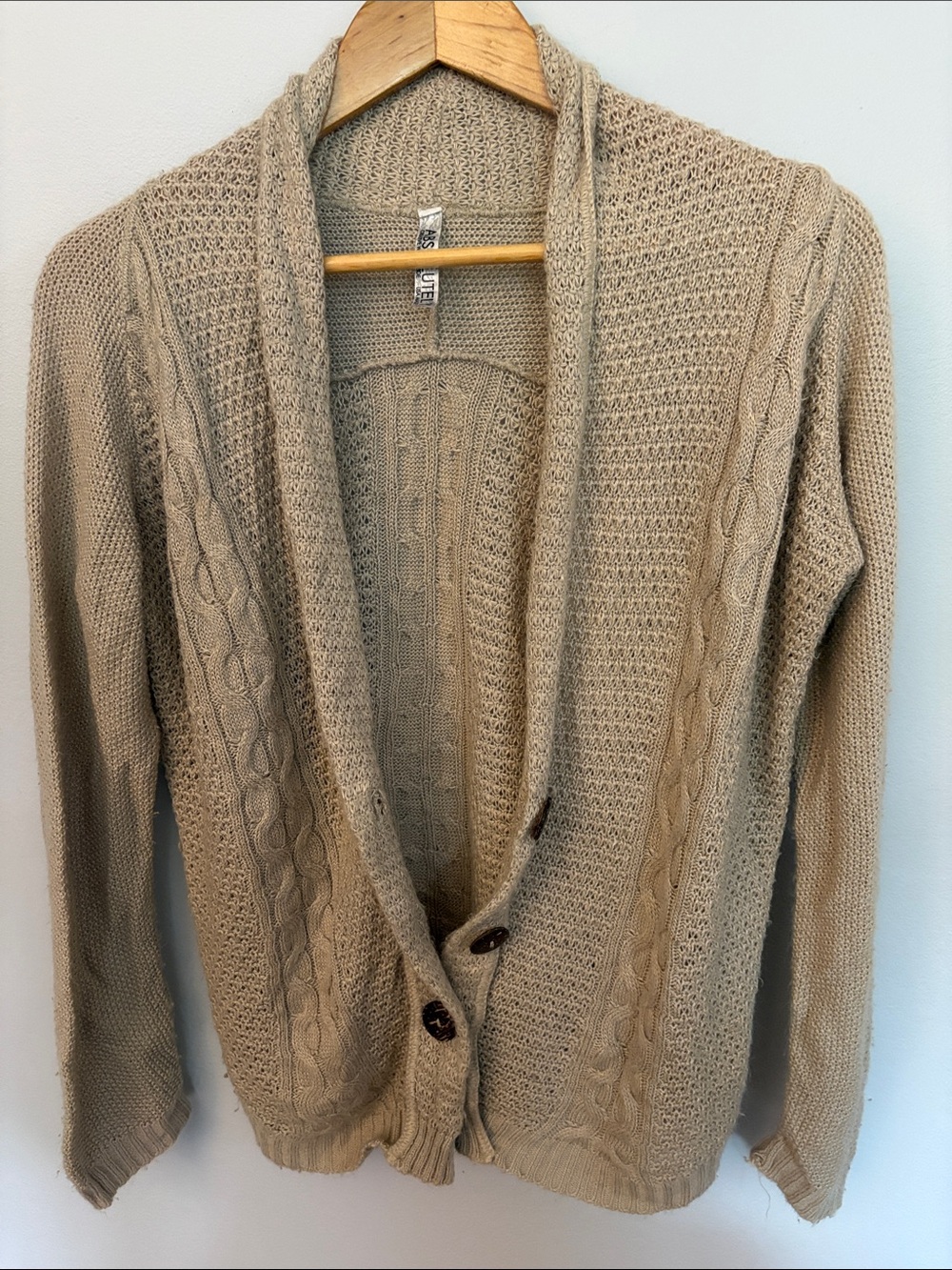 Shawl Collar Cable Knit Cardigan - Beige